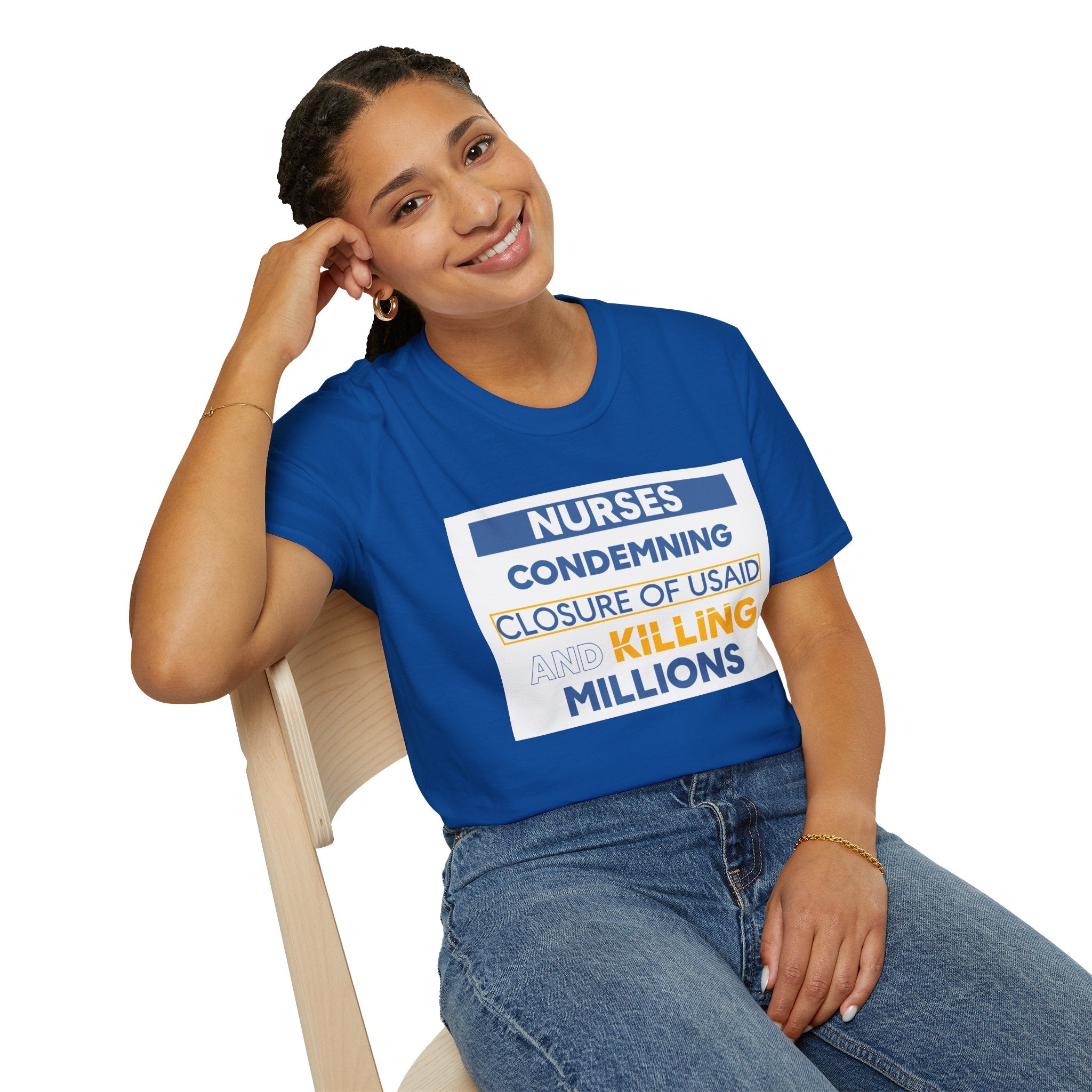 Unisex Lightweight fabric T-Shirt - Nurses Condemning Closure of USAID (front) - Nurses For NIH CDC FEMA USAID And YOU (back) - 100% ring-spun cotton - NFG-T-G64000