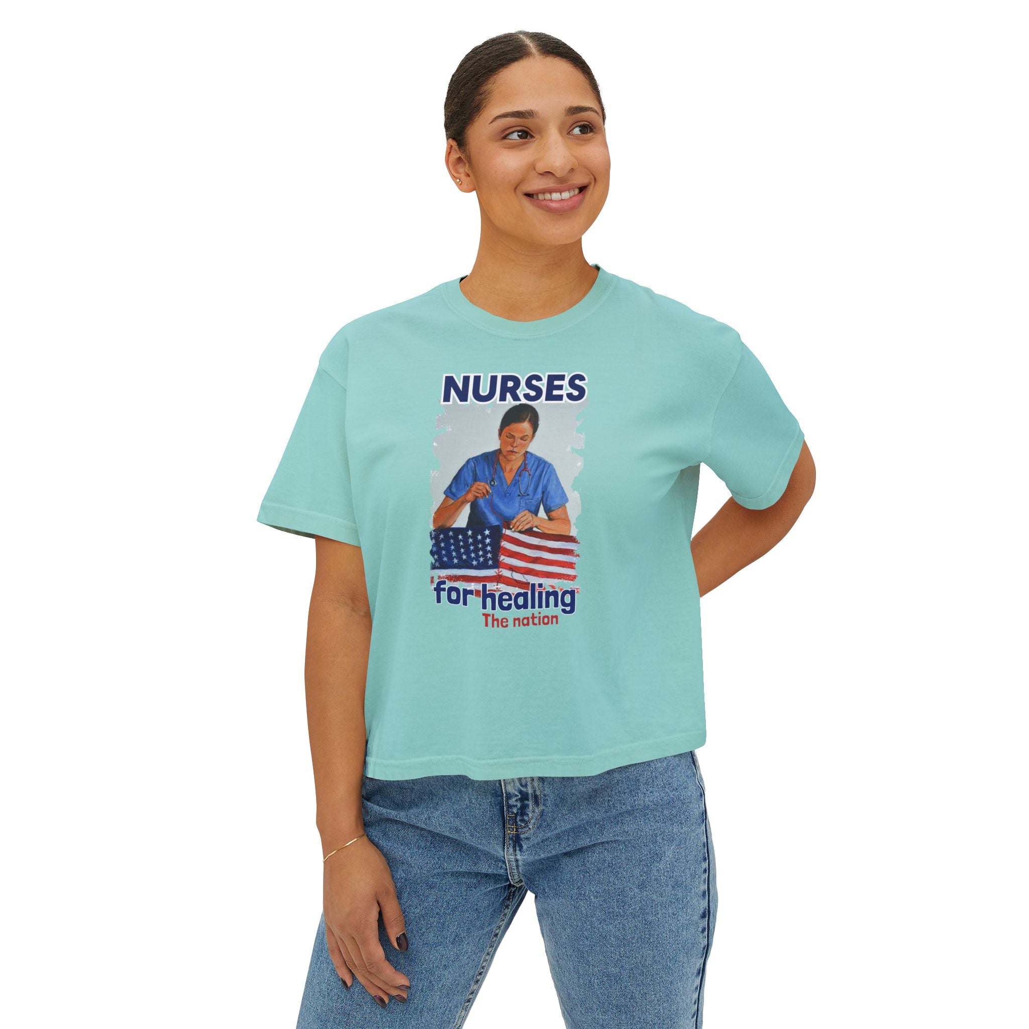 Women's Boxy Heavy fabric Tee - Nurses For Healing The Nation (front) - Nurses Standing Up For Humanity (back) - 100% ring-spun US cotton - NFH-T-CC3023CL