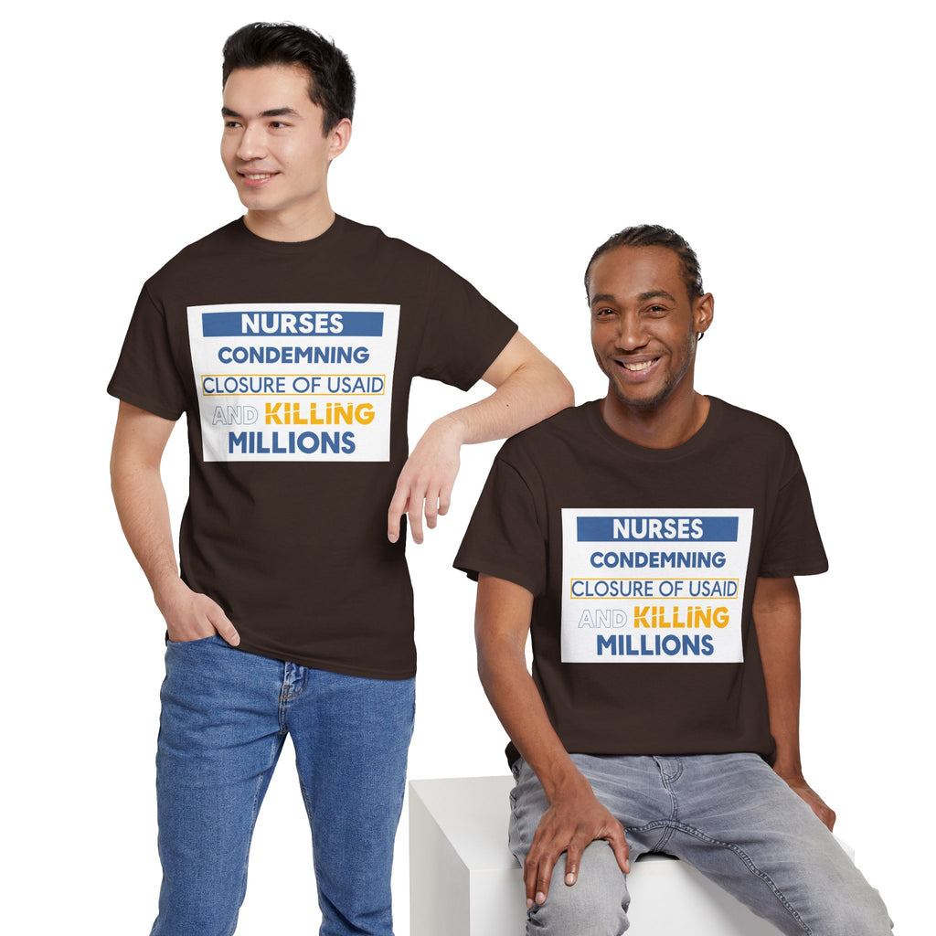Unisex Medium fabric Cotton Tee - Nurses Condemning Closure of USAID (front) - Nurses For NIH CDC FEMA USAID And YOU (back) - 5.3 oz/yd² / 180 g/m² - NFG-T-G5000