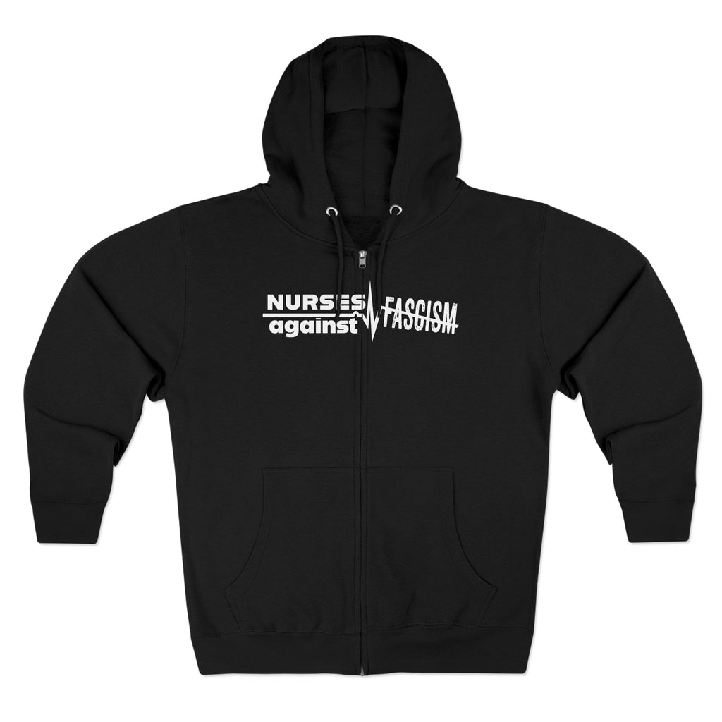 Men's Medium-heavy fabric Full-Zip Hoodie - Nurses Against Fascism (front) - Nurses Against Cruelty (black) - 60% recycled cotton, 40% recycled polyester - Lane Seven LS14003