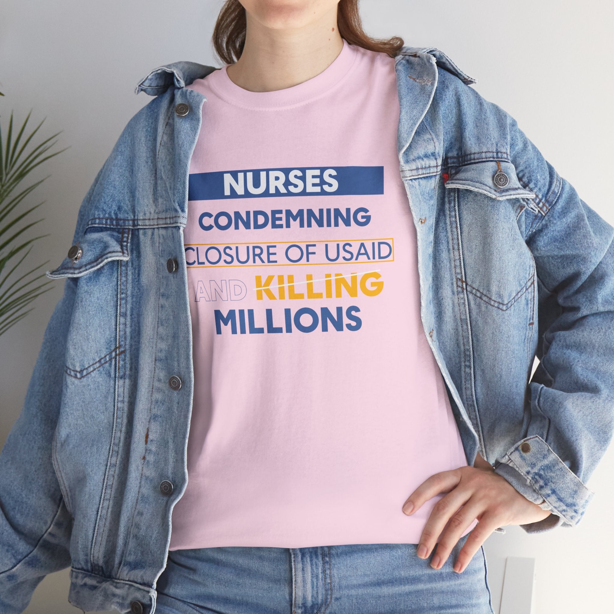 Unisex Medium fabric Cotton Tee - Nurses Condemning Closure of USAID (front) - Nurses For NIH CDC FEMA USAID And YOU (back) - 5.3 oz/yd² / 180 g/m² - NFG-T-G5000