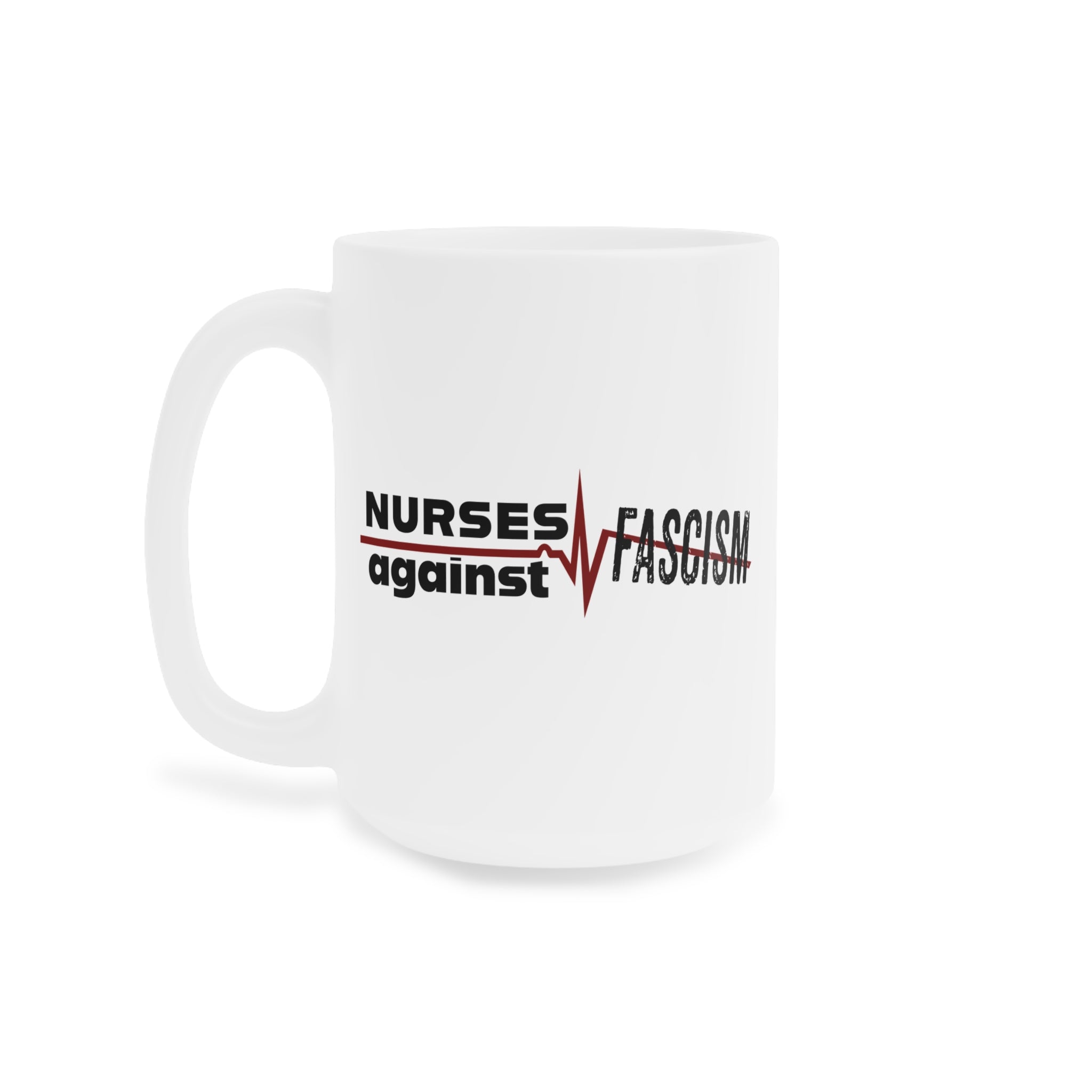 Unisex Ceramic Mug - Nurses Against Fascism (right) - Nurses Against Cruelty (left) - Durable white Ceramic - NAF-CM-ORCA