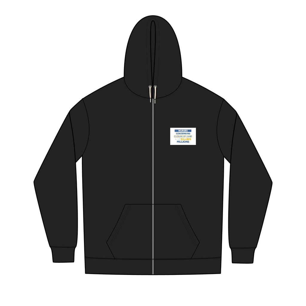 Men's Medium-heavy fabric Full-Zip Hoodie - Nurses Condemning Closure of USAID (front) - Nurses For NIH, CDC, FEMA, USAID, and YOU (back) - 60% recycled cotton, 40% recycled polyester - NFG-Z-DT8102