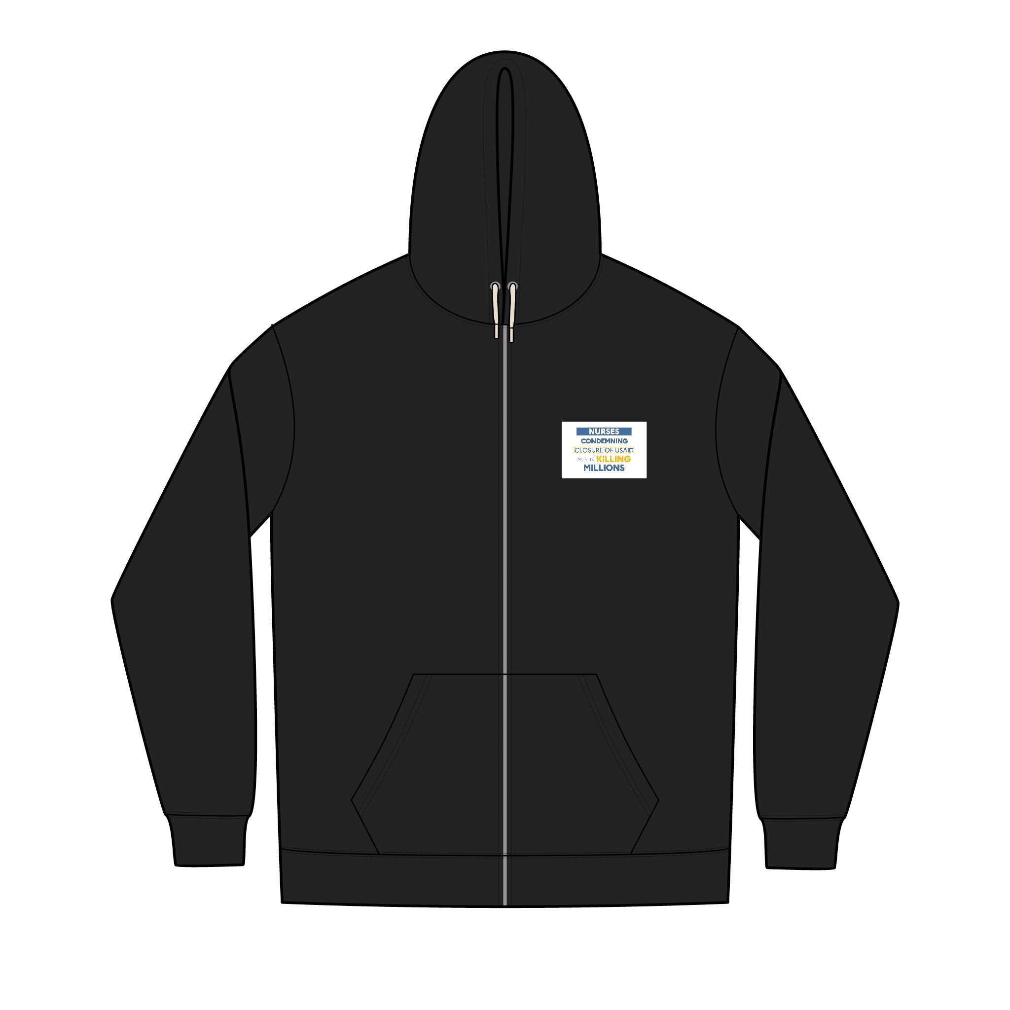 Men's Medium-heavy fabric Full-Zip Hoodie - Nurses Condemning Closure of USAID (front) - Nurses For NIH, CDC, FEMA, USAID, and YOU (back) - 60% recycled cotton, 40% recycled polyester - NFG-Z-DT8102