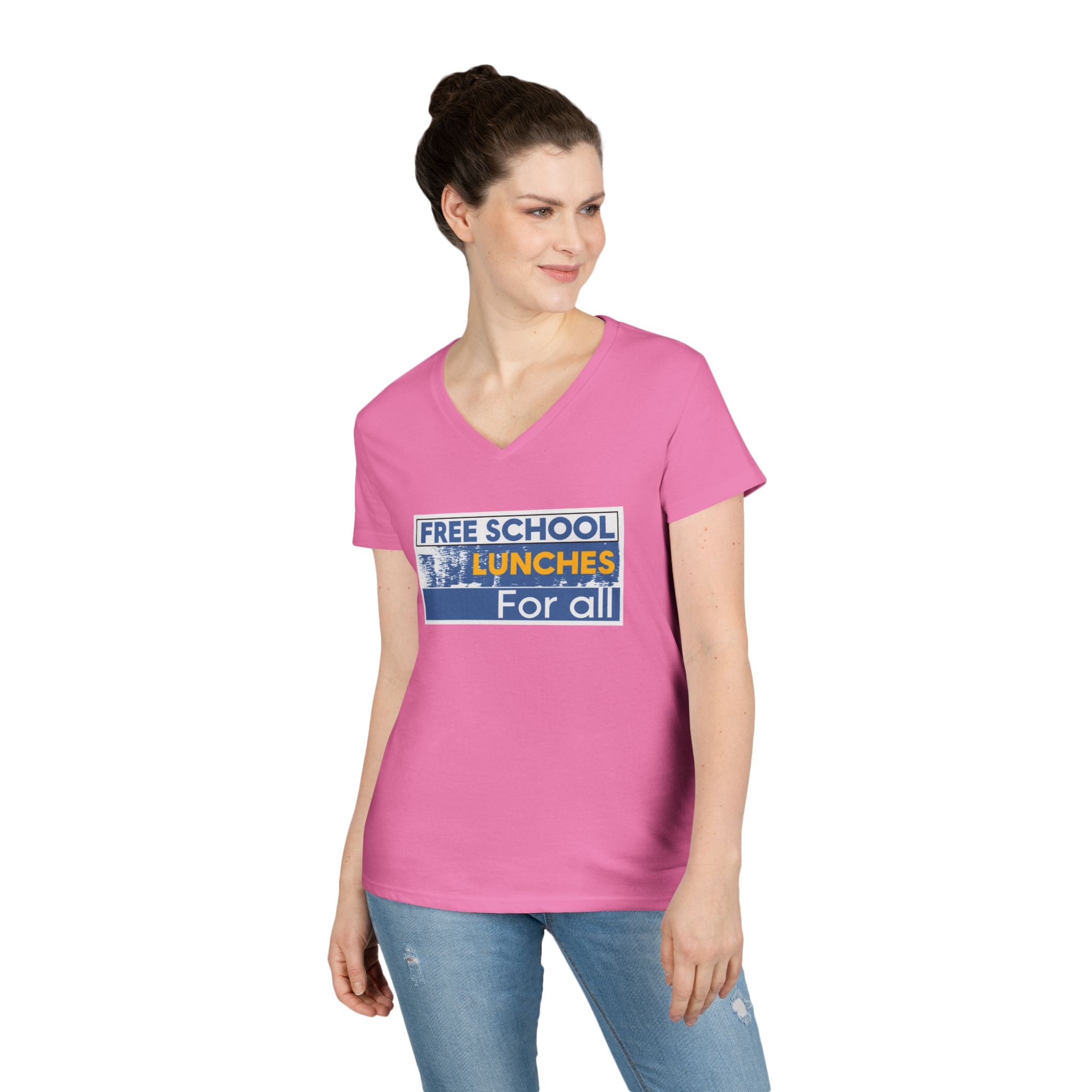 Women's Medium fabric V-Neck T-Shirt - Free School Lunches For All (front) - Nurses Against The Rich Starving The Poor (back) - 100% cotton - NAH-V-G5V00L