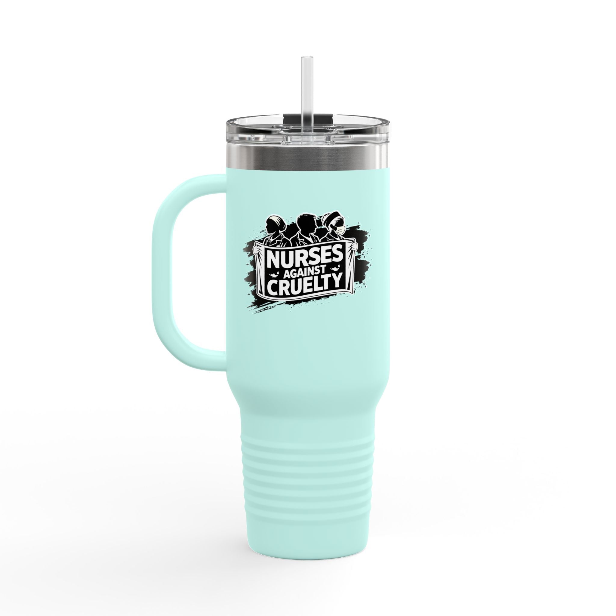 Travel Mug - Nurses Against Fascism (right) - Nurses Against Cruelty (left) - 100% stainless steel (body) - NAF-TM-40oz