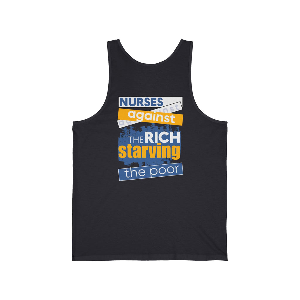 Unisex Light fabric Jersey Tank - Free School Lunches For All (front) - Nurses Against The Rich Starving The Poor (back) - 100% Airlume combed and ring-spun cotton - NAH-K-BC3480