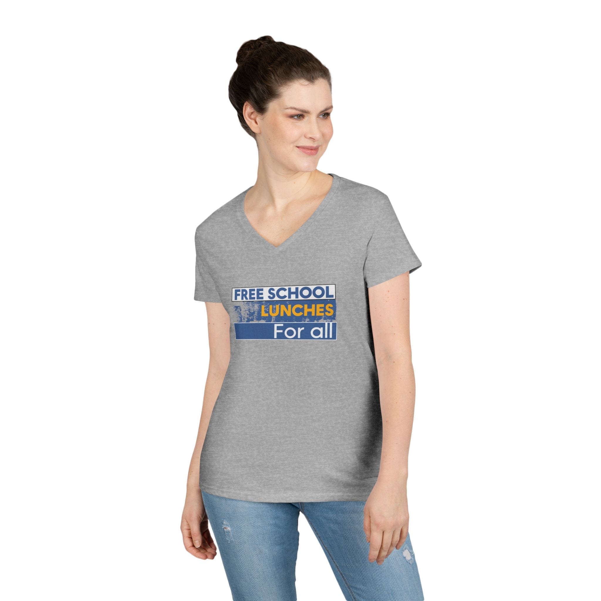 Women's Medium fabric V-Neck T-Shirt - Free School Lunches For All (front) - Nurses Against The Rich Starving The Poor (back) - 100% cotton - NAH-V-G5V00L