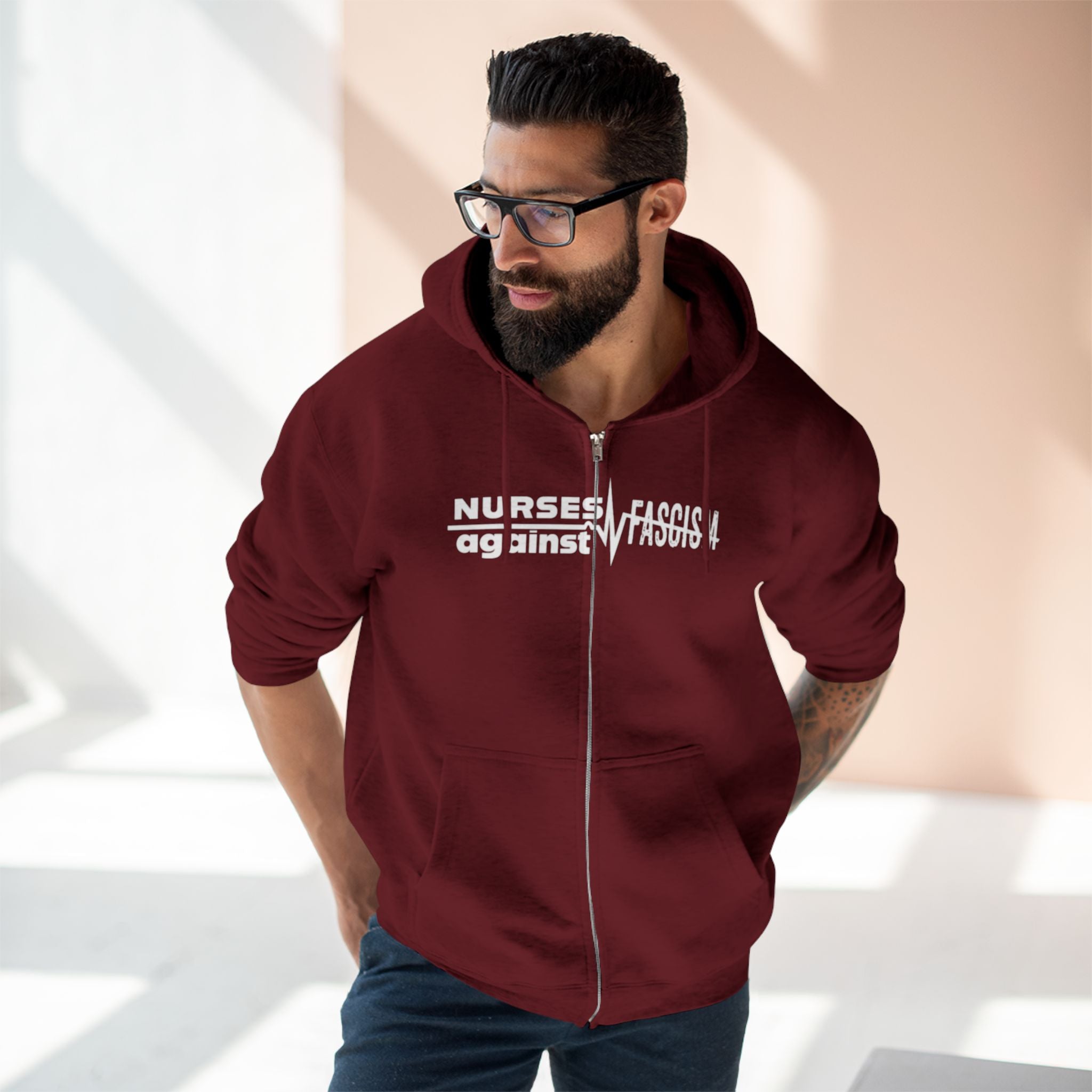 Men's Medium-heavy fabric Full-Zip Hoodie - Nurses Against Fascism (front) - Nurses Against Cruelty (black) - 60% recycled cotton, 40% recycled polyester - Lane Seven LS14003