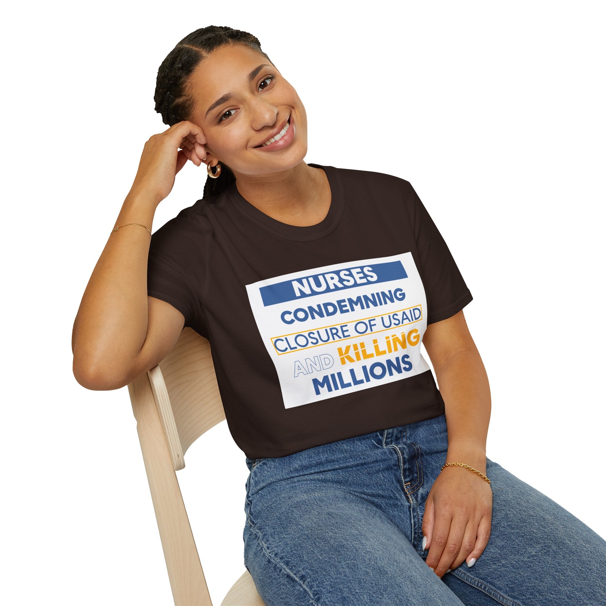 Unisex Lightweight fabric T-Shirt - Nurses Condemning Closure of USAID (front) - Nurses For NIH CDC FEMA USAID And YOU (back) - 100% ring-spun cotton - NFG-T-G64000