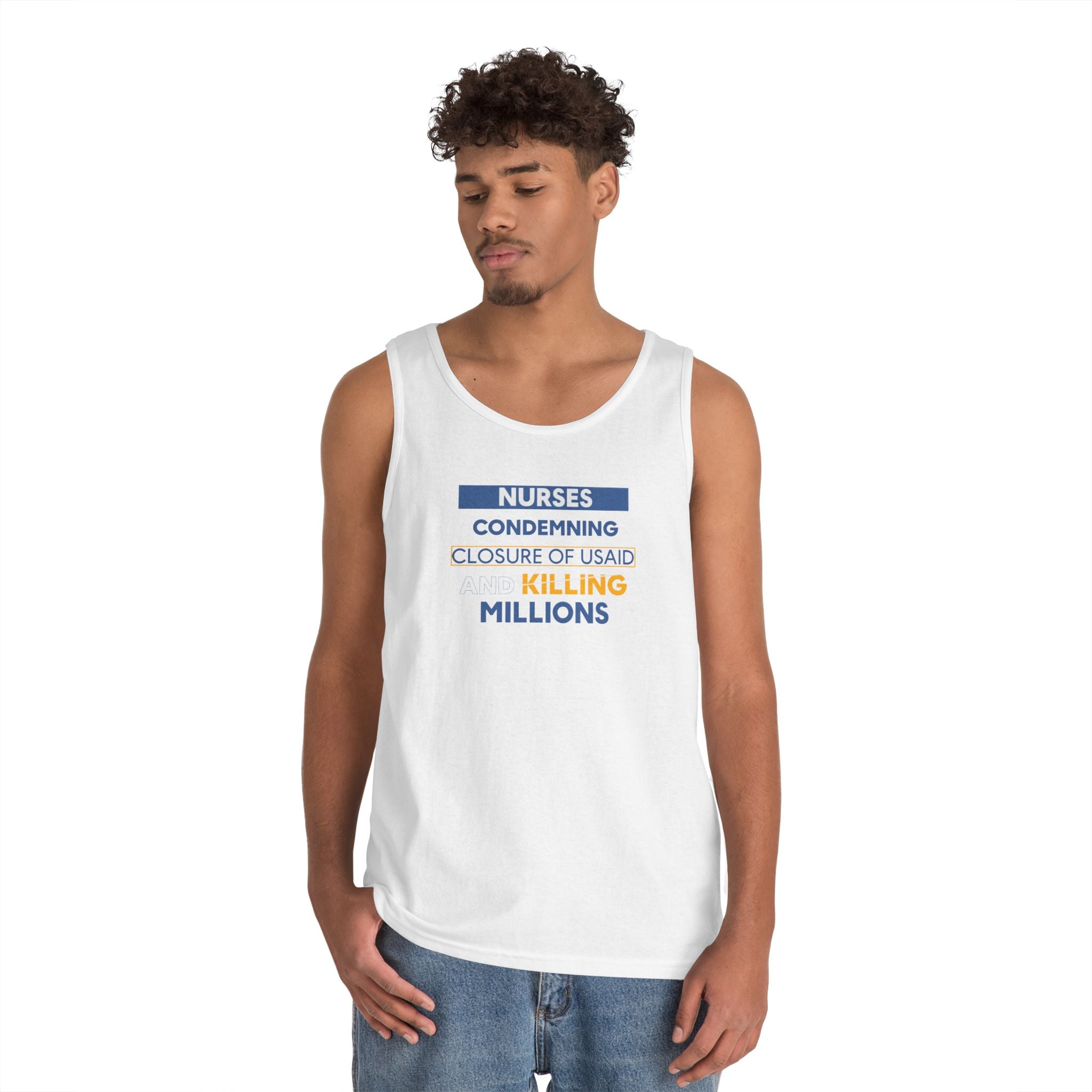 Unisex Medium fabric Cotton Tank Top - Nurses Condemning Closure of USAID (front) - Nurses For NIH CDC FEMA USAID And YOU (back) - 100% cotton - NFG-K-G5200