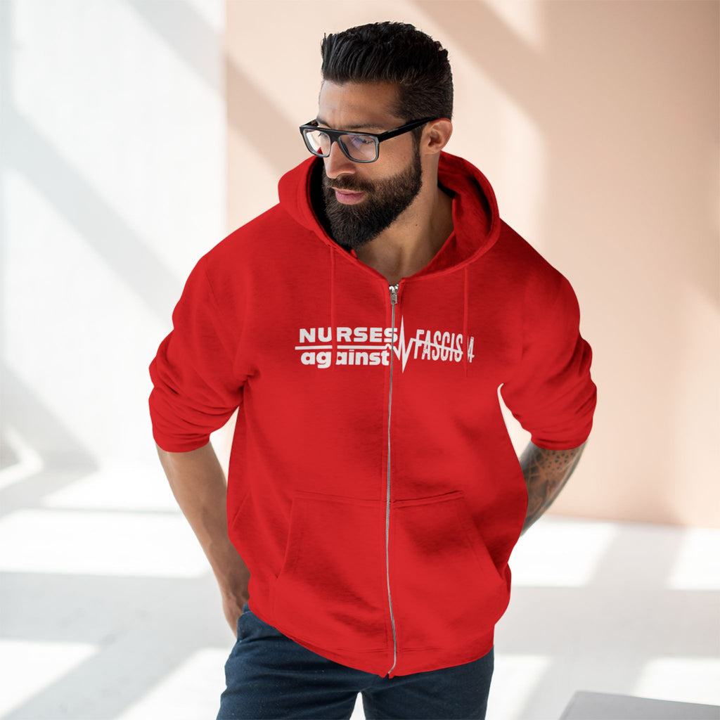 Men's Medium-heavy fabric Full-Zip Hoodie - Nurses Against Fascism (front) - Nurses Against Cruelty (black) - 60% recycled cotton, 40% recycled polyester - Lane Seven LS14003