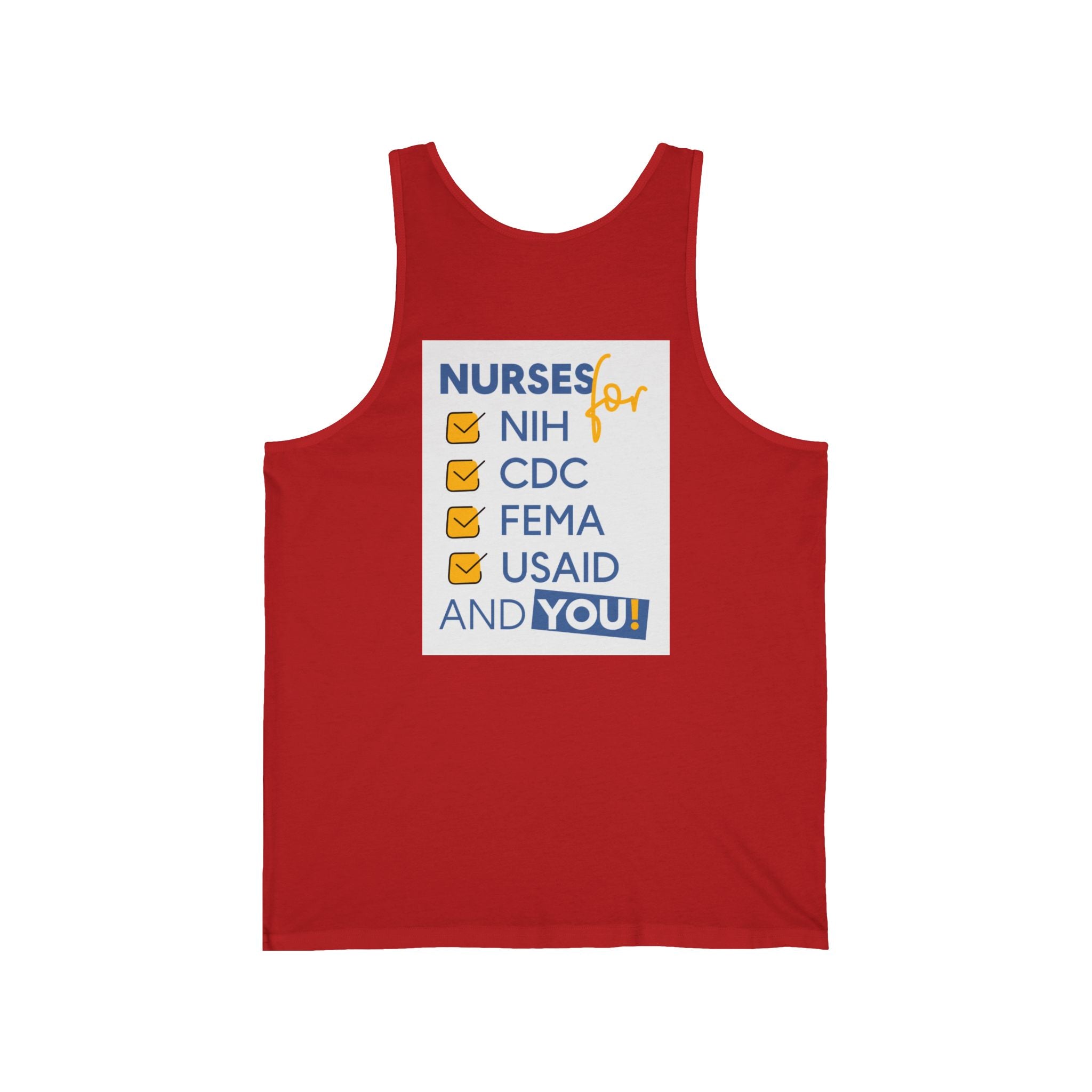 Unisex Light fabric Jersey Tank - Nurses Condemning Closure of USAID (front) - Nurses For NIH CDC FEMA USAID And YOU (back) - 100% Airlume combed and ring-spun cotton - NFG-K-BC3480