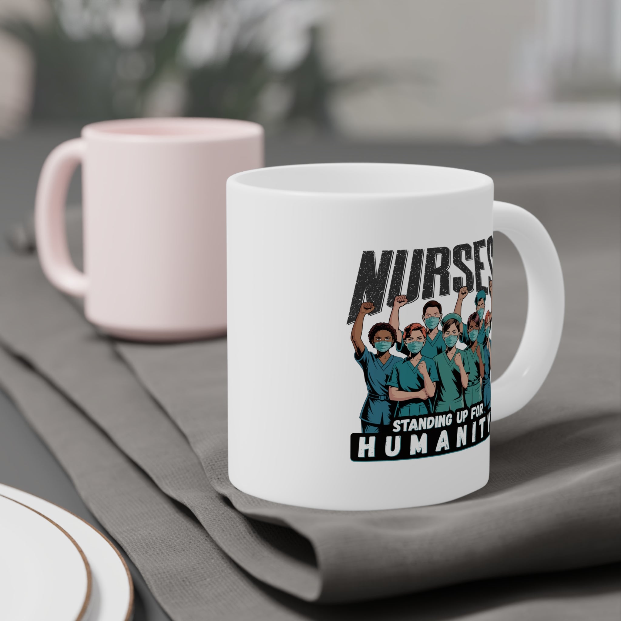 Unisex Ceramic Mug - Nurses For Healing The Nation (right) - Nurses Standing Up For Humanity (left) - Durable white Ceramic - NFH-CM-ORCA