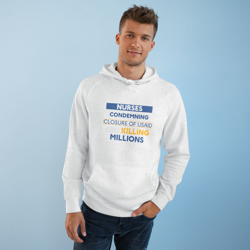 Unisex Mid-weight Hoodie - Nurses Condemning Closure of USAID (front) - Nurses For NIH CDC FEMA USAID And YOU (back) - 80% cotton, 20% Polyester - NFG-H-AC5101