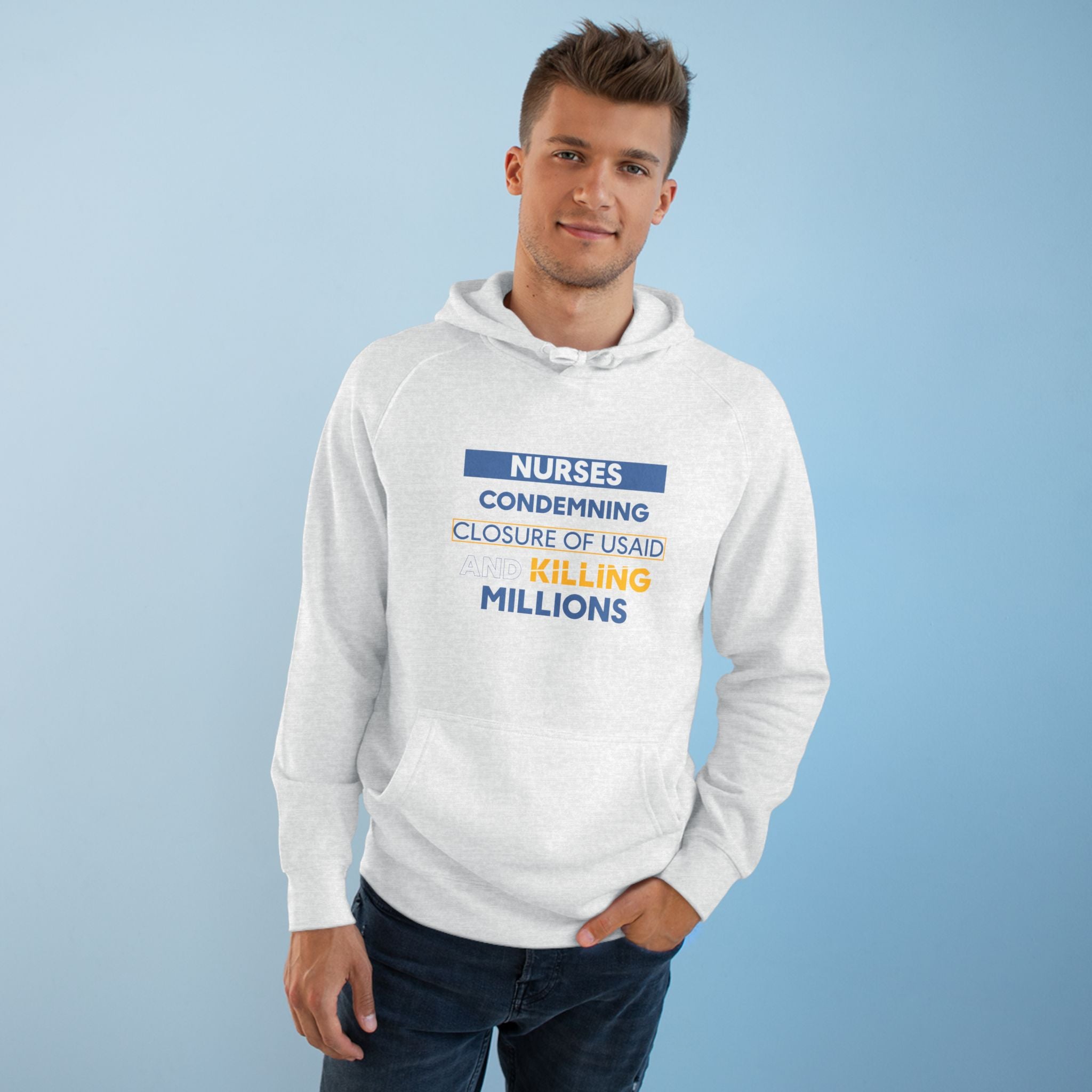 Unisex Mid-weight Hoodie - Nurses Condemning Closure of USAID (front) - Nurses For NIH CDC FEMA USAID And YOU (back) - 80% cotton, 20% Polyester - NFG-H-AC5101