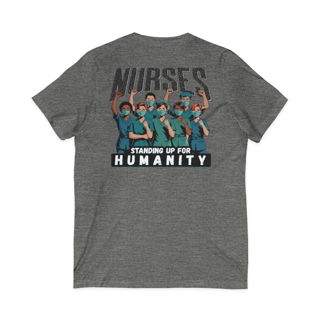 Unisex Lightweight fabric Jersey Short Sleeve V-Neck Tee - Nurses For Healing The Nation (front) - Nurses Standing Up For Humanity (back) - 100% cotton fabric - NFH-V-BC3005