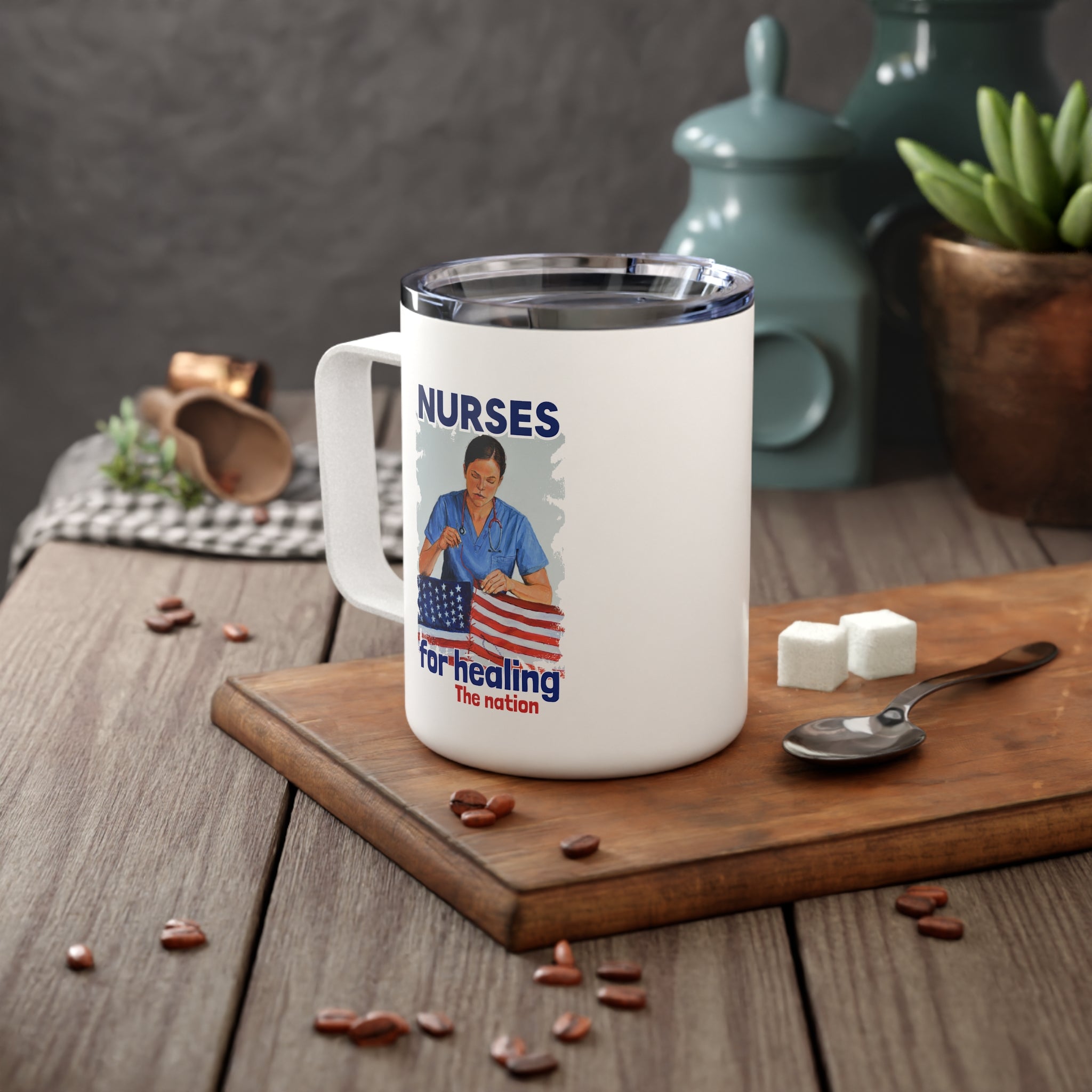 Unisex Insulated Coffee Mug - Nurses For Healing The Nation (right) - Nurses Standing Up For Humanity (left) - 10oz - NFH-CM-INSULATED