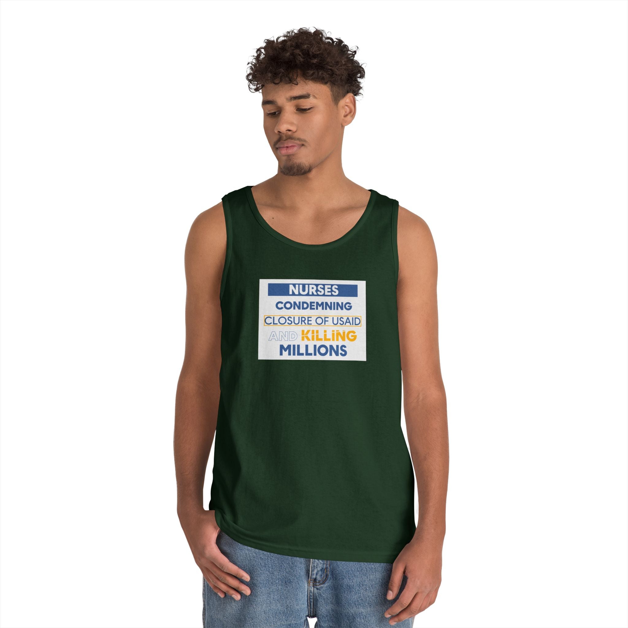 Unisex Medium fabric Cotton Tank Top - Nurses Condemning Closure of USAID (front) - Nurses For NIH CDC FEMA USAID And YOU (back) - 100% cotton - NFG-K-G5200
