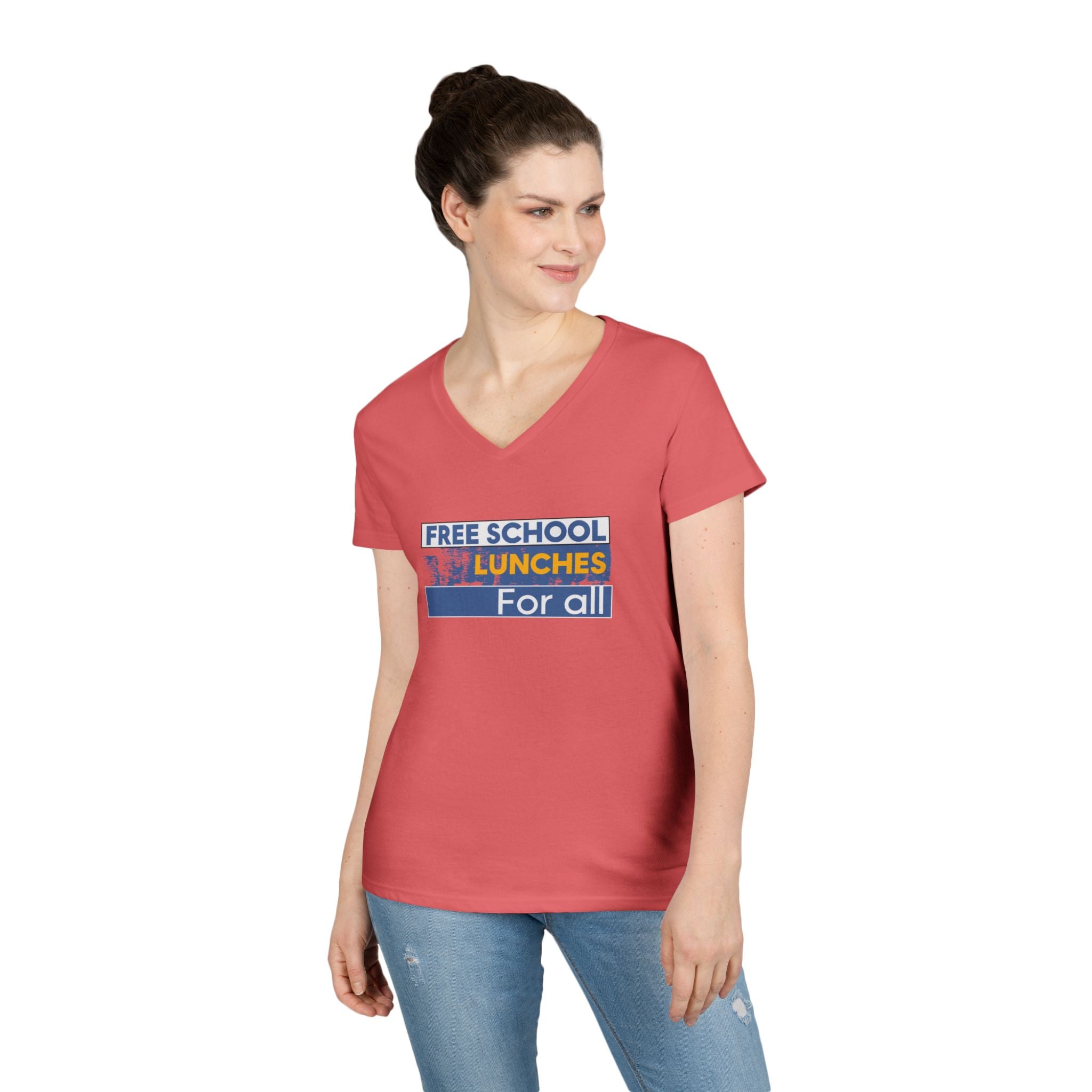 Women's Medium fabric V-Neck T-Shirt - Free School Lunches For All (front) - Nurses Against The Rich Starving The Poor (back) - 100% cotton - NAH-V-G5V00L