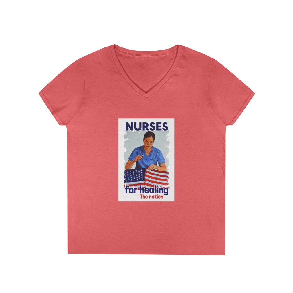 Women's Medium fabric V-Neck T-Shirt - Nurses For Healing The Nation (front) - Nurses Standing Up For Humanity (back) - 100% cotton - NFH-V-G5V00L