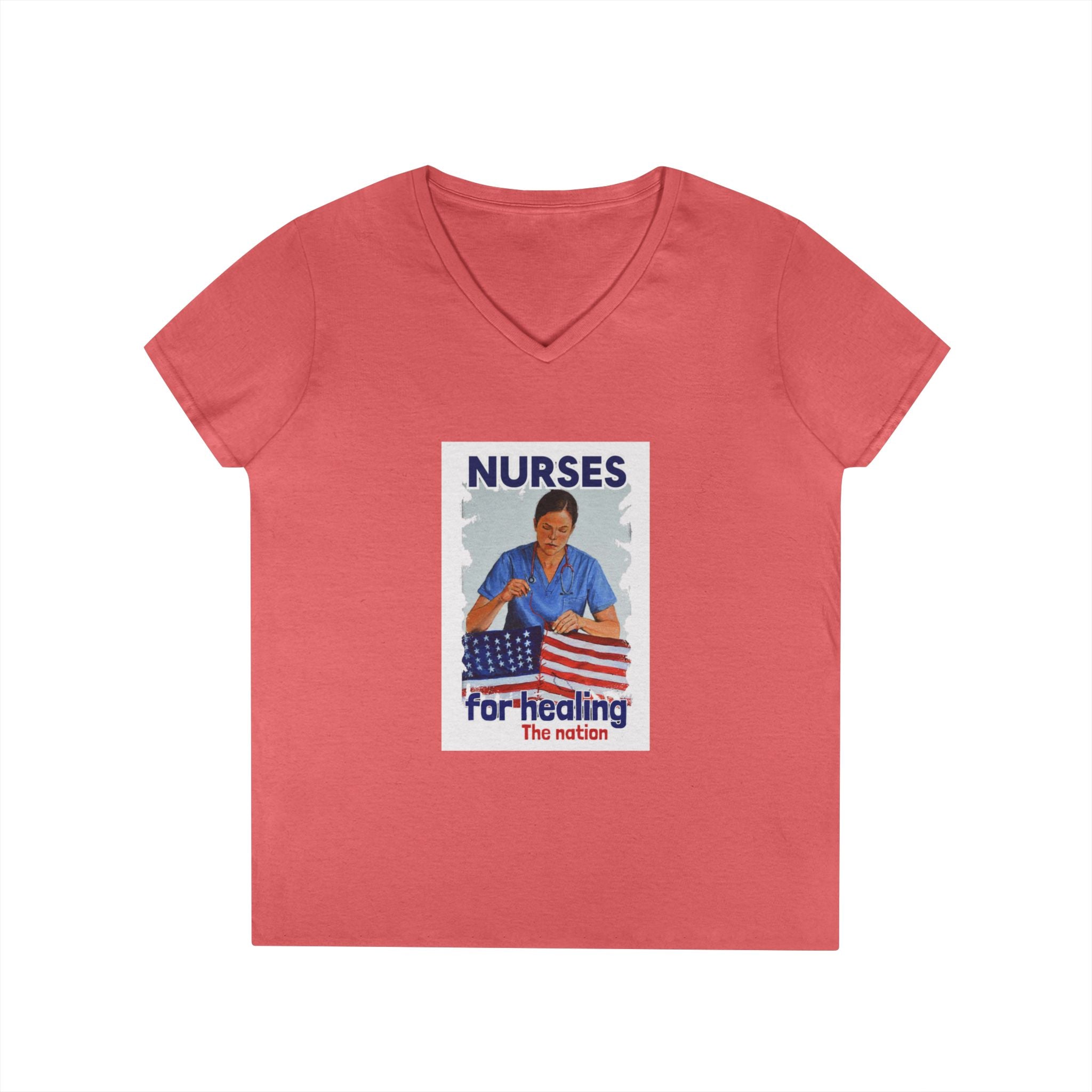 Women's Medium fabric V-Neck T-Shirt - Nurses For Healing The Nation (front) - Nurses Standing Up For Humanity (back) - 100% cotton - NFH-V-G5V00L