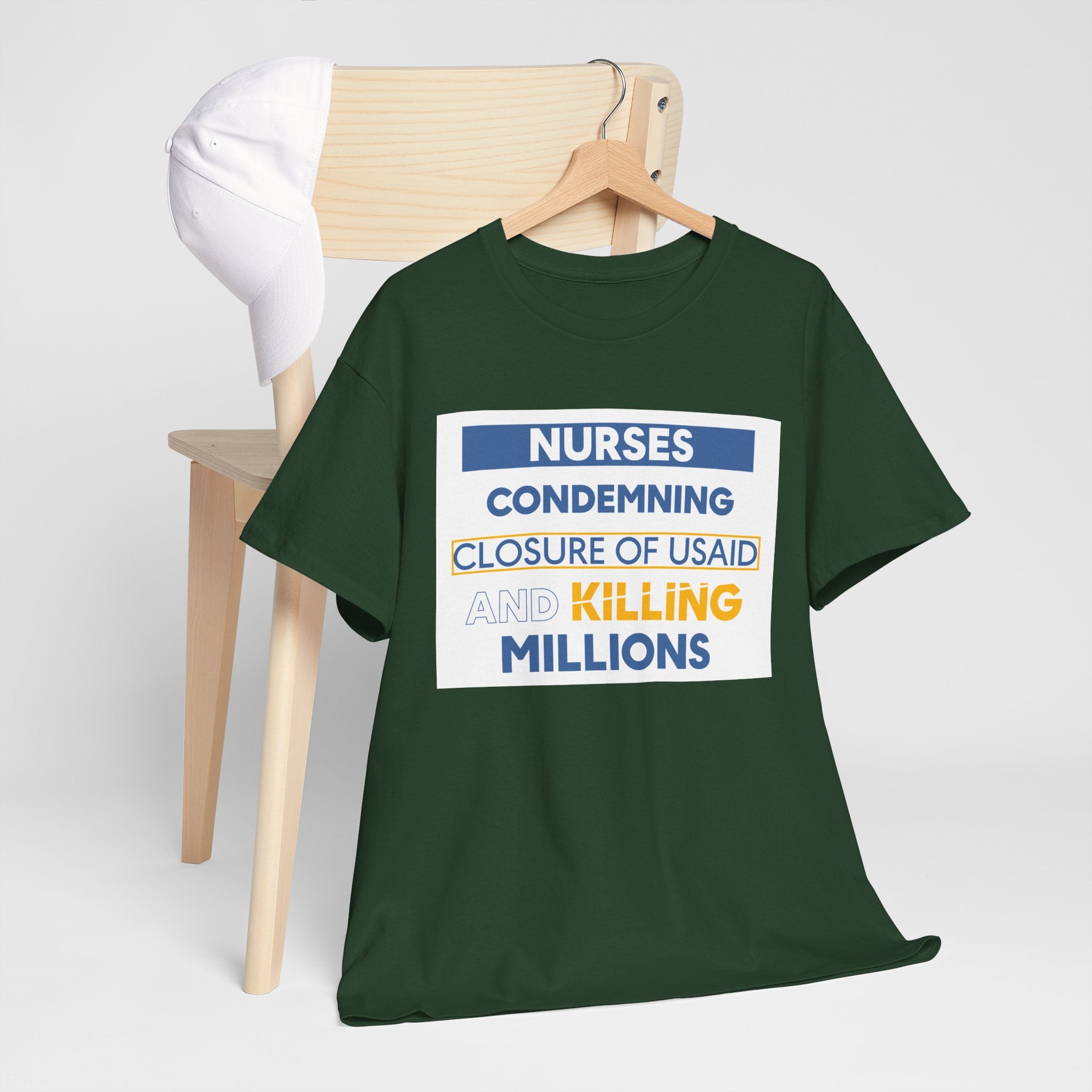 Unisex Medium fabric Cotton Tee - Nurses Condemning Closure of USAID (front) - Nurses For NIH CDC FEMA USAID And YOU (back) - 5.3 oz/yd² / 180 g/m² - NFG-T-G5000