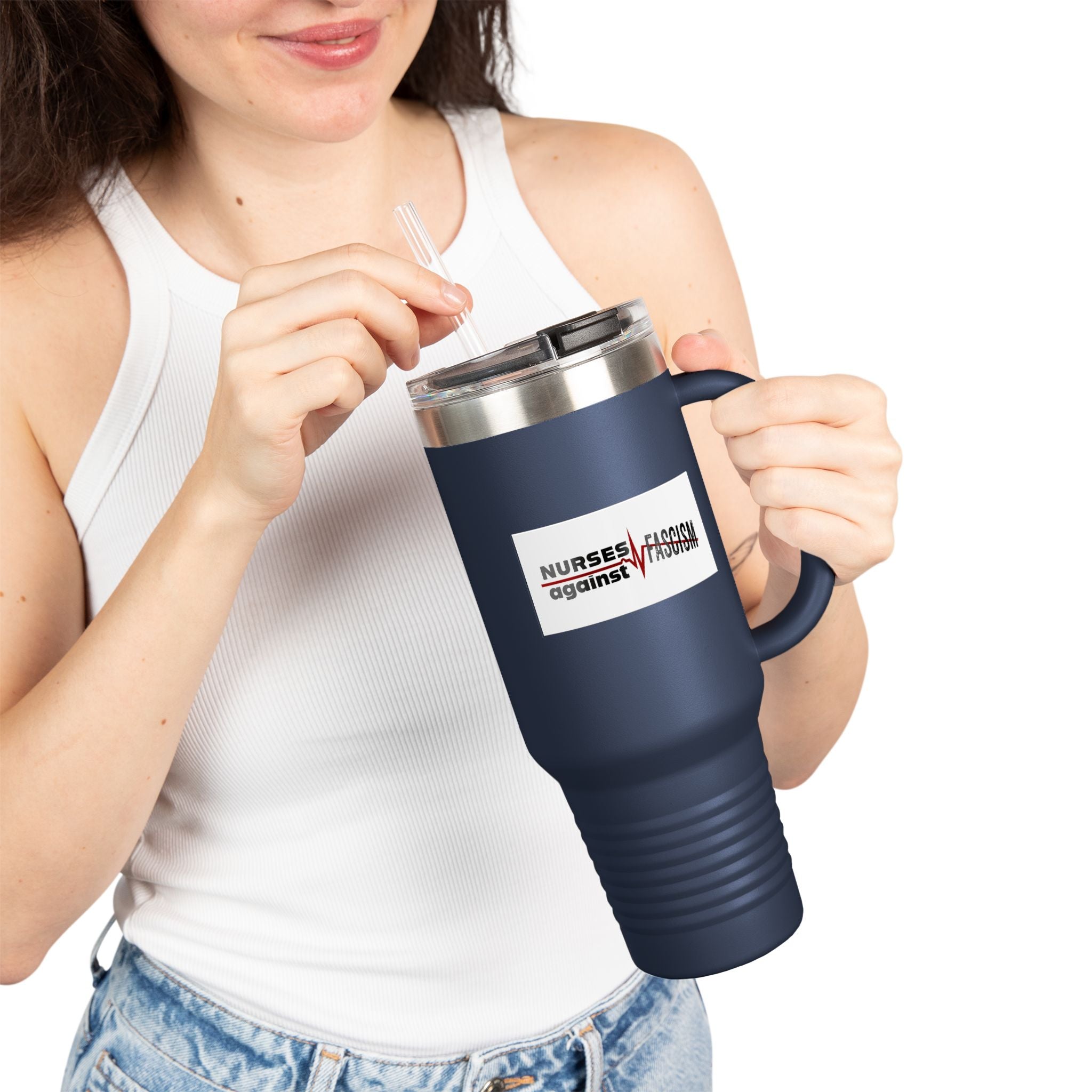 Travel Mug - Nurses Against Fascism (right) - Nurses Against Cruelty (left) - 100% stainless steel (body) - NAF-TM-40oz