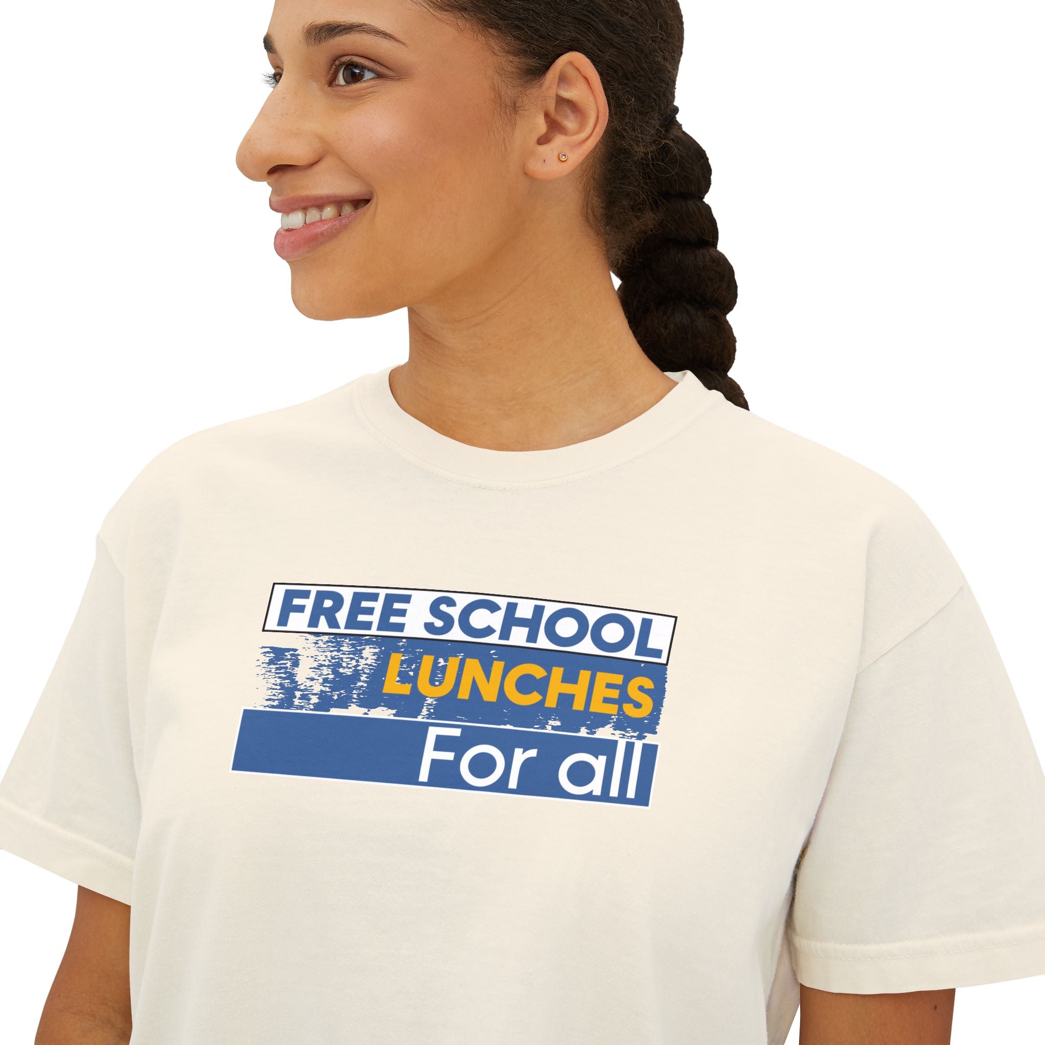 Women's Boxy Heavy fabric Tee - Free School Lunches For All (front) - Nurses Against The Rich Starving The Poor (back) - 100% ring-spun US cotton - NAH-T-CC3023CL