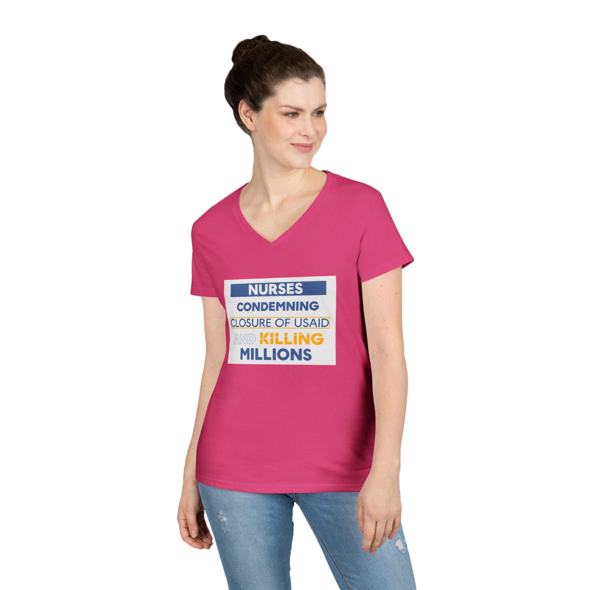 Women's Medium fabric V-Neck T-Shirt - Nurses Condemning Closure of USAID (front) - Nurses For NIH CDC FEMA USAID And YOU (back) - 100% cotton - NFG-V-G5V00L