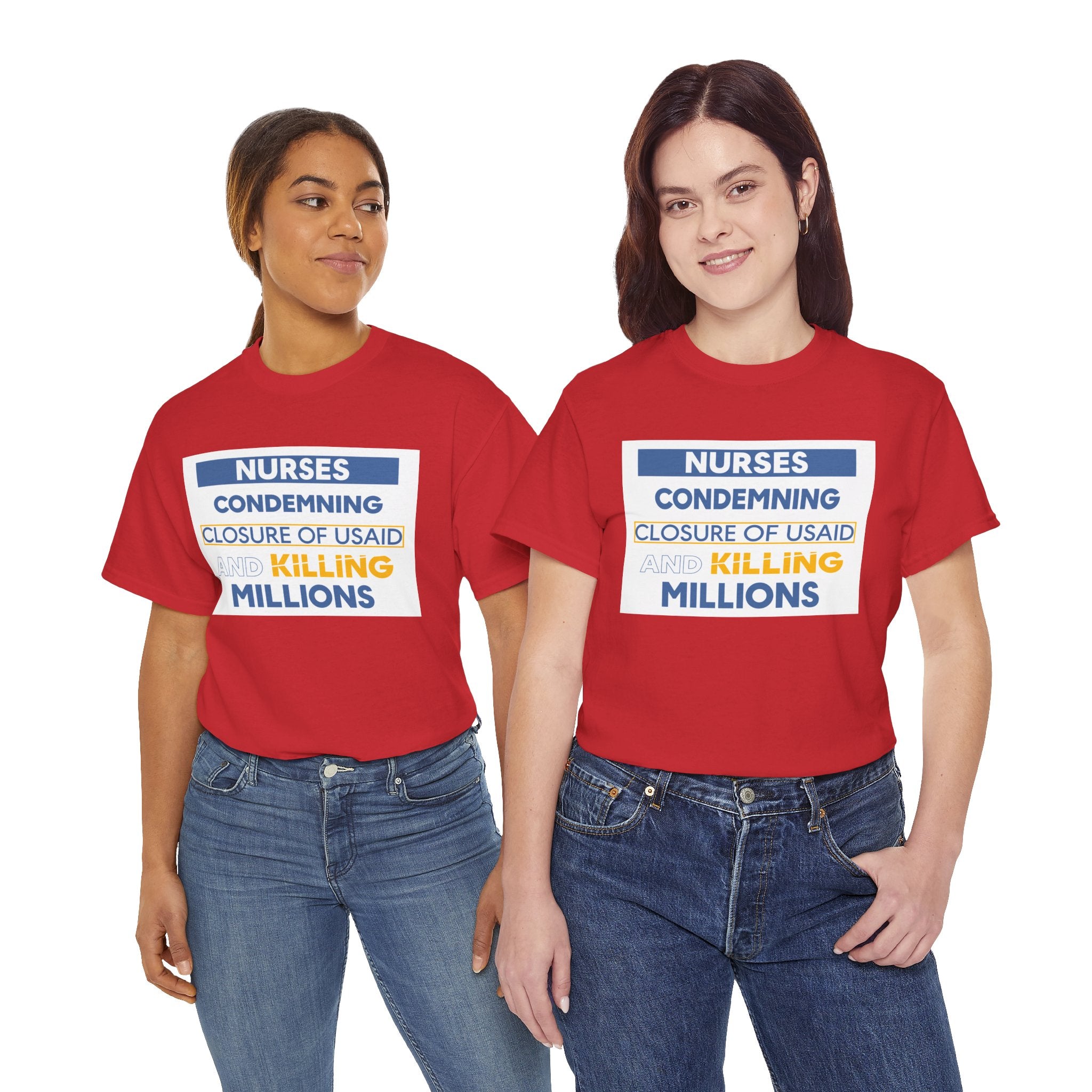 Unisex Medium fabric Cotton Tee - Nurses Condemning Closure of USAID (front) - Nurses For NIH CDC FEMA USAID And YOU (back) - 5.3 oz/yd² / 180 g/m² - NFG-T-G5000
