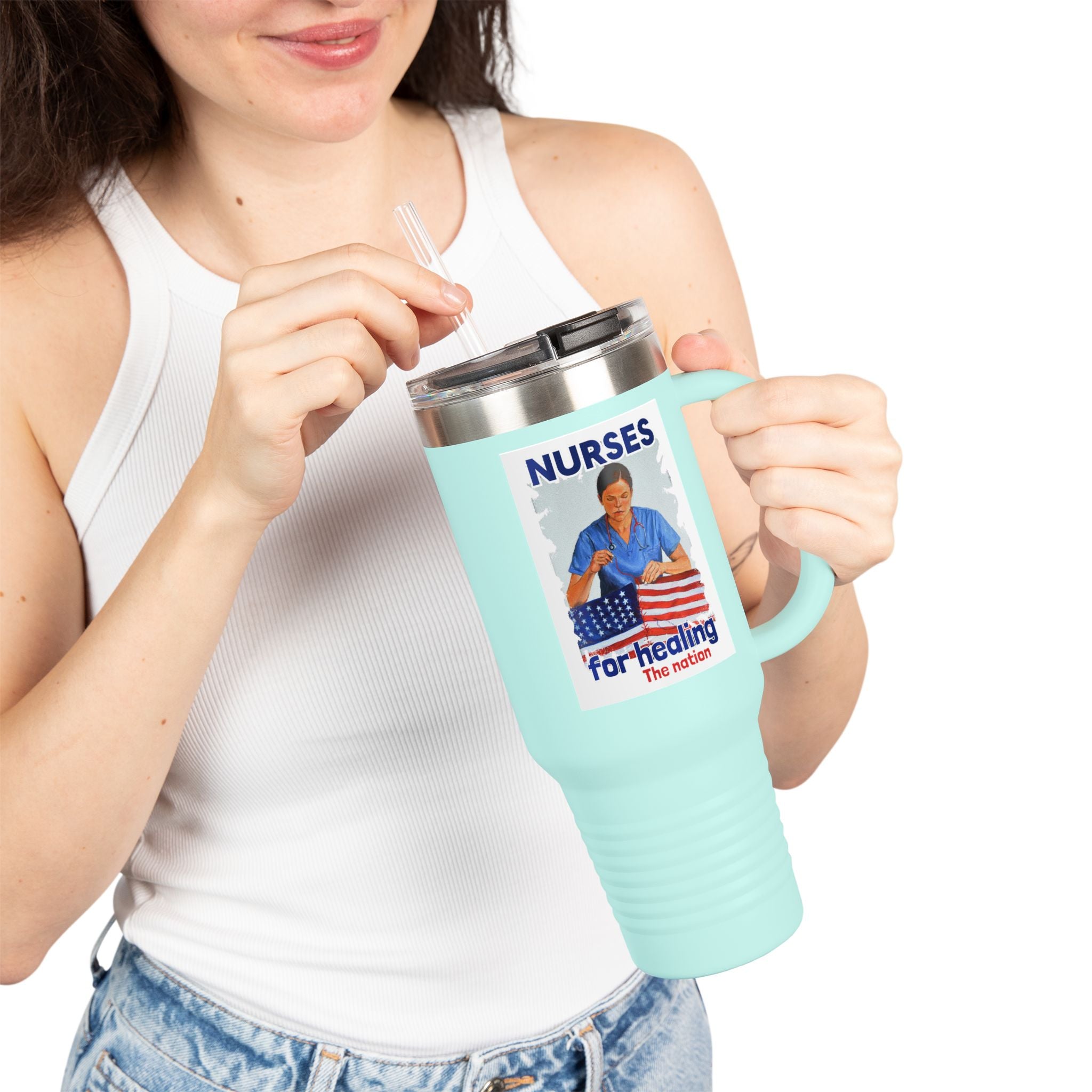 Travel Mug - Nurses For Healing The Nation (front) - Nurses Standing Up For Humanity (back) - 100% stainless steel (body) - NFH-TM-40oz