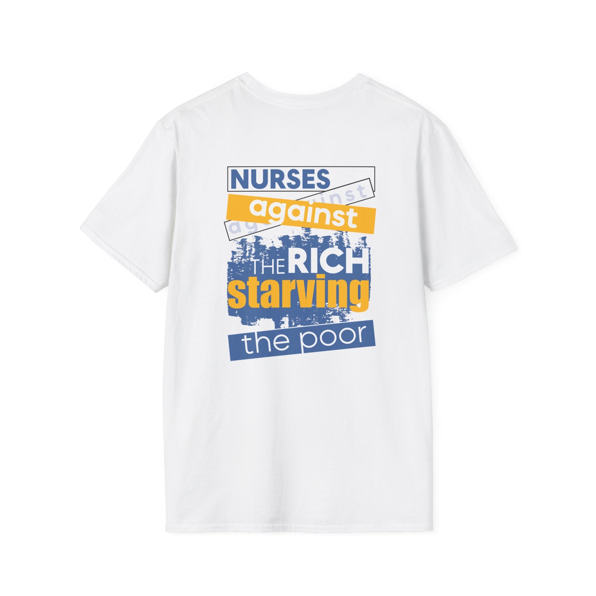 Unisex Lightweight fabric T-Shirt - Free School Lunches For All (front) - Nurses Against The Rich Starving The Poor (back) - 100% ring-spun cotton - NAH-T-G64000