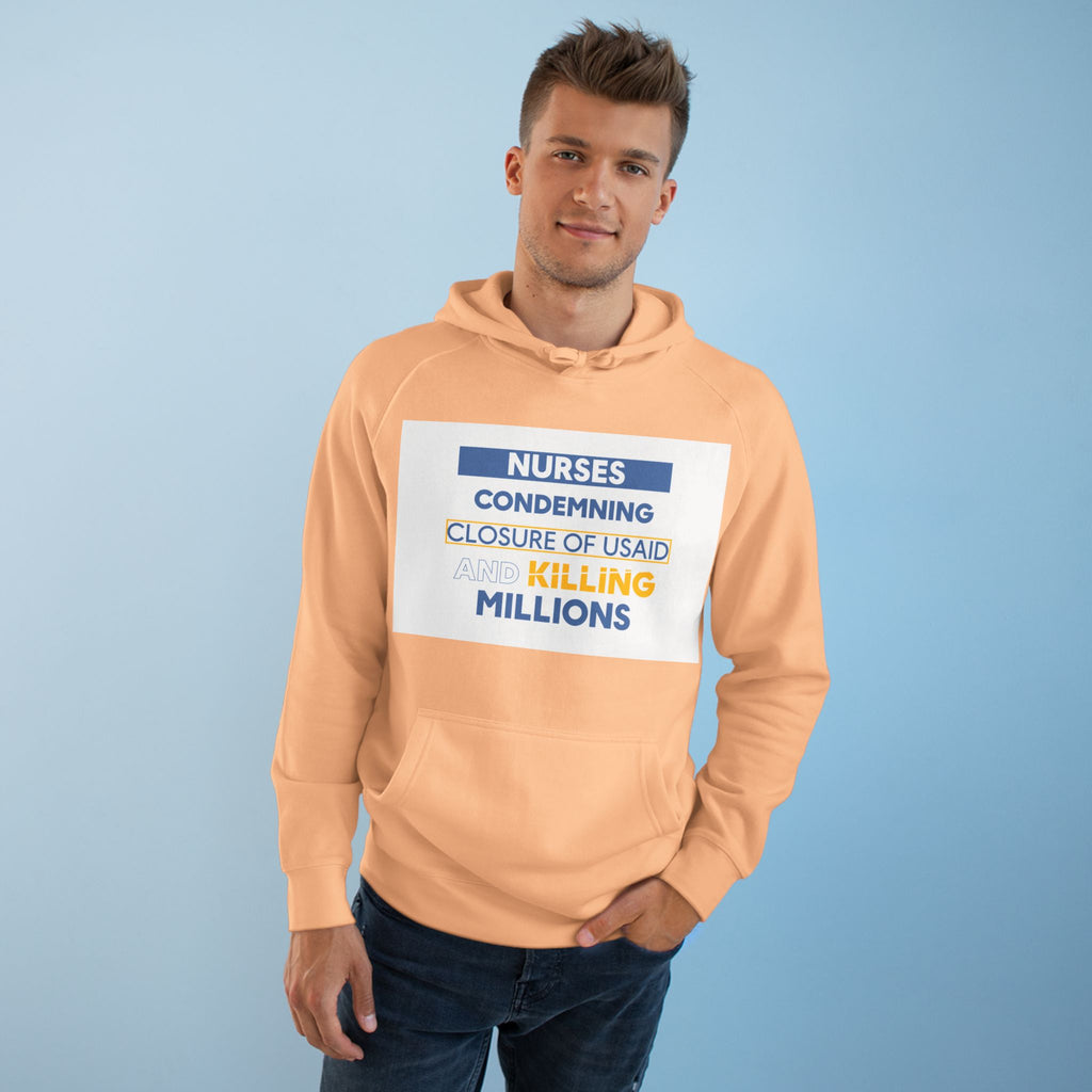 Unisex Mid-weight Hoodie - Nurses Condemning Closure of USAID (front) - Nurses For NIH CDC FEMA USAID And YOU (back) - 80% cotton, 20% Polyester - NFG-H-AC5101