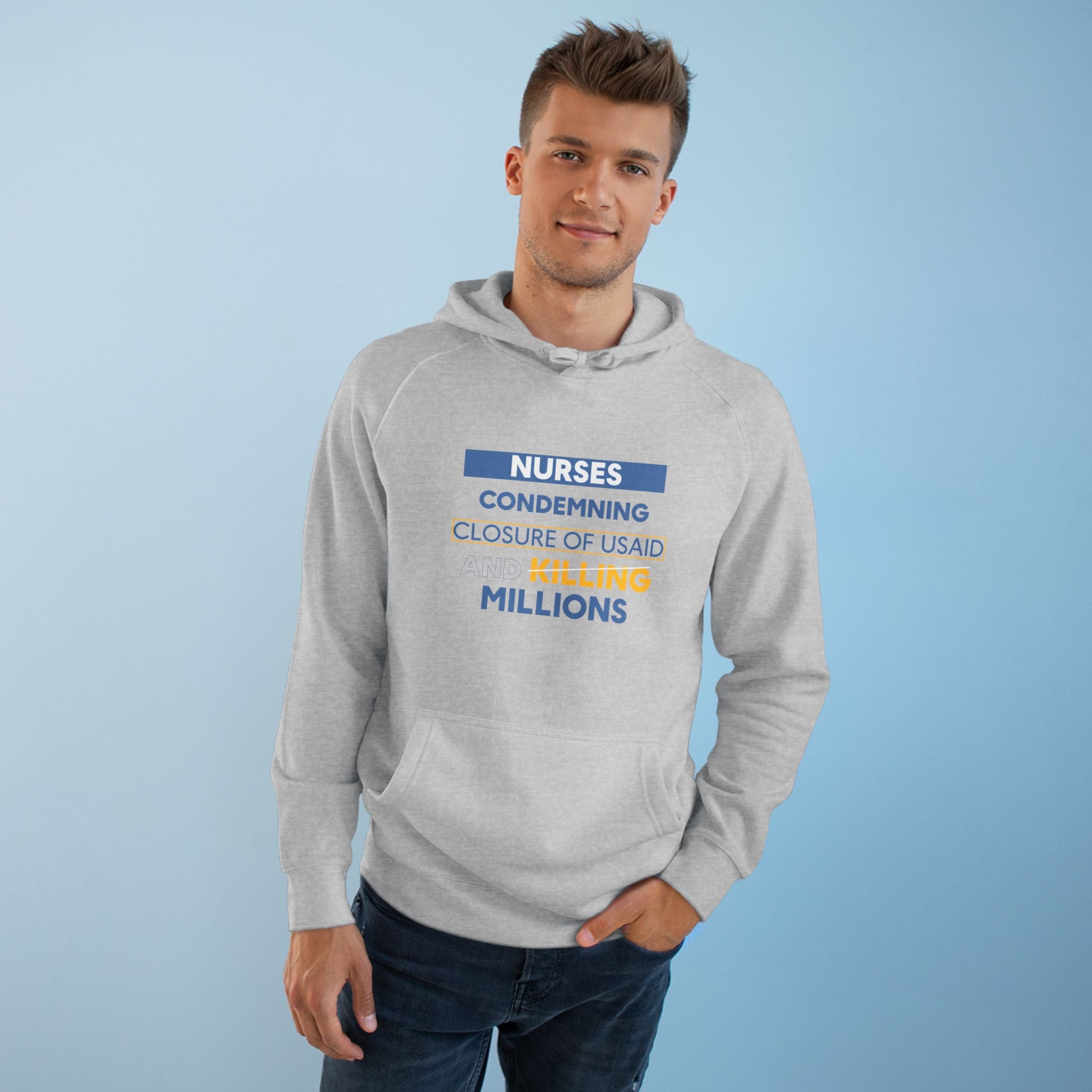 Unisex Mid-weight Hoodie - Nurses Condemning Closure of USAID (front) - Nurses For NIH CDC FEMA USAID And YOU (back) - 80% cotton, 20% Polyester - NFG-H-AC5101